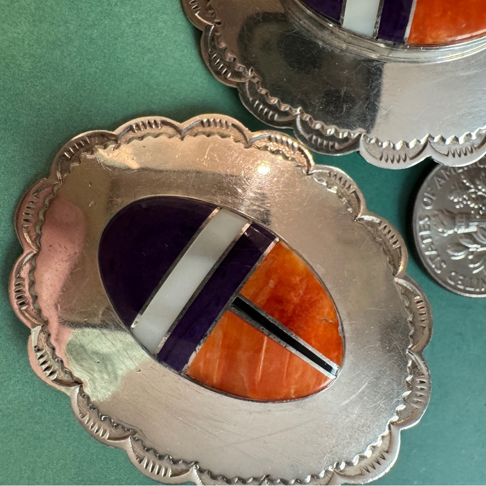 Vintage Native American sterling Silver Earrings large old pawn inlay navajo - Picture 4 of 5